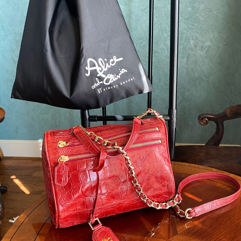 Alice + Olivia Alana Croc Embossed Leather Satchel/Crossbody